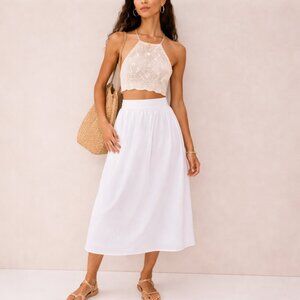 Le Bop Esme Midi Skirt White 100% Cotton Fully Lined Size XL Boho Made in USA